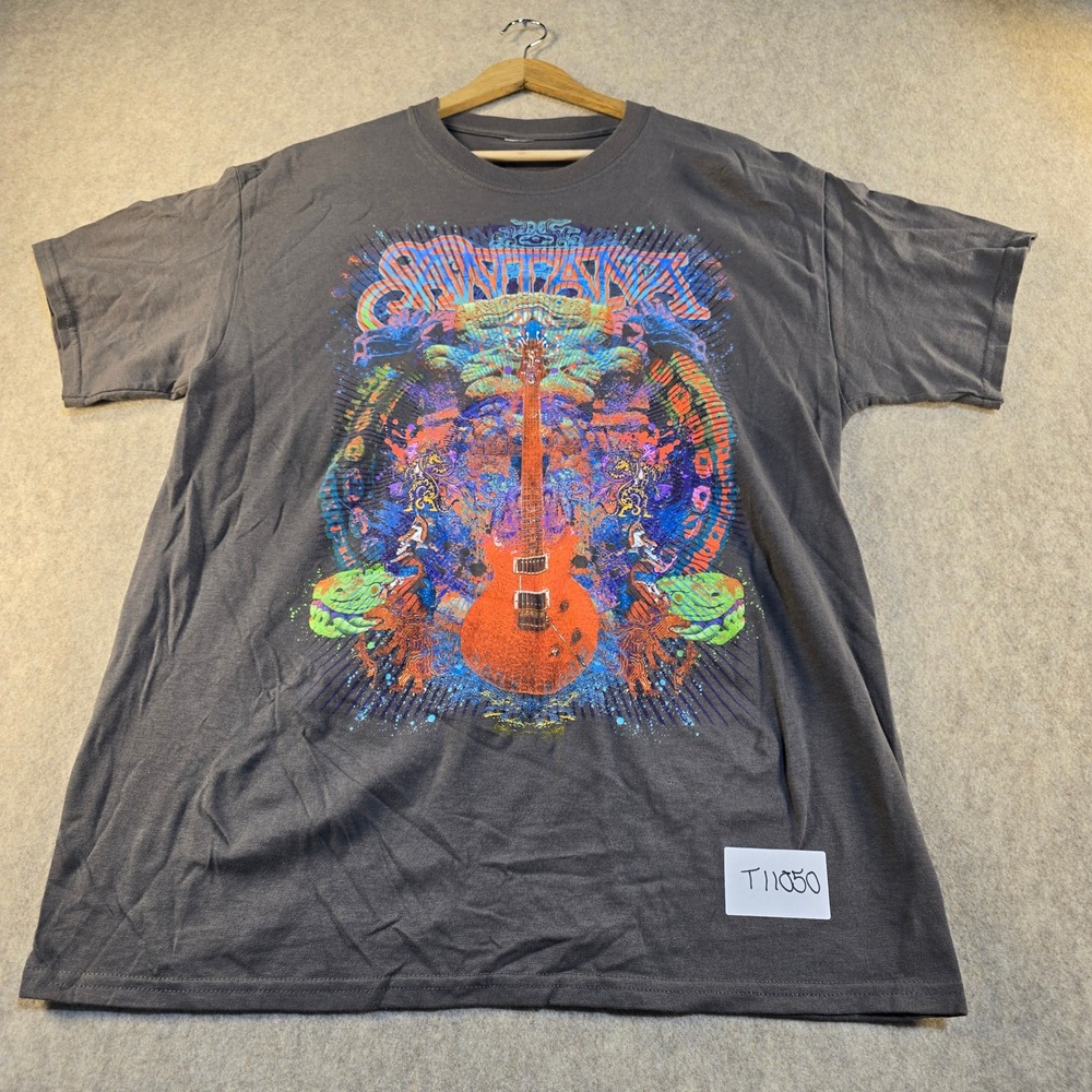 Santana Graphic T-Shirt Mens L Charcoal Gray Psychedelic Guitar Rock Band‎ Tee